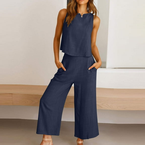 Cotton Linen Two Piece Sets for Women 2025 Wide Leg Two Piece Pants Set Casual Tank Tops Two Piece Outfits Summer Lounge Set, Limited Time Offer