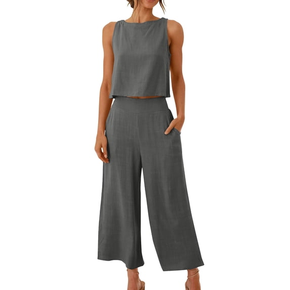 Cotton Linen Two Piece Sets for Women 2025 Wide Leg Two Piece Pants Set Casual Tank Tops Two Piece Outfits Summer Lounge Set, Limited Time Offer