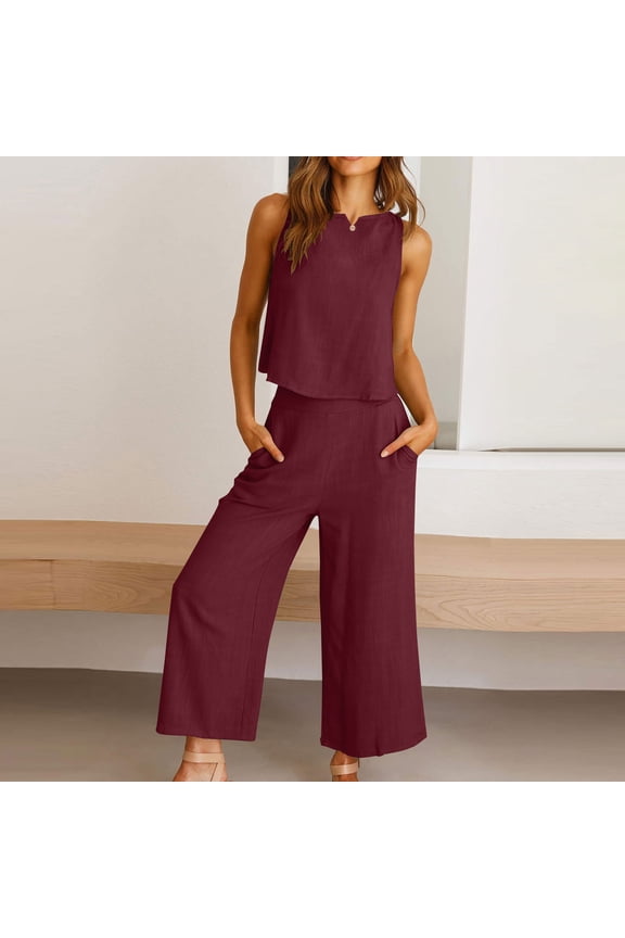 Cotton Linen Two Piece Sets for Women 2025 Wide Leg Two Piece Pants Set Casual Tank Tops Two Piece Outfits Summer Lounge Set, Limited Time Offer