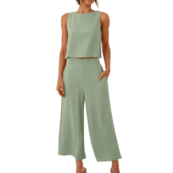 Cotton Linen Two Piece Sets for Women 2025 Wide Leg Two Piece Pants Set Casual Tank Tops Two Piece Outfits Summer Lounge Set, Limited Time Offer
