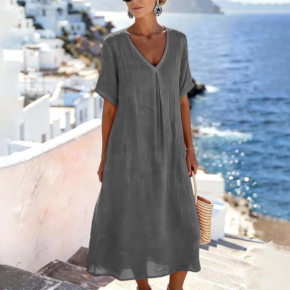 Cotton Linen V Neck Maxi Dress Womens A-Line Flowy Casual Short Sleeve Loose Fitting Summer Daily Wear with Pockets Gray M