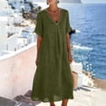 thumbnail image 1 of Cotton Linen V Neck Maxi Dress Womens A-Line Flowy Casual Short Sleeve Loose Fitting Summer Daily Wear with Pockets Green M, 1 of 9