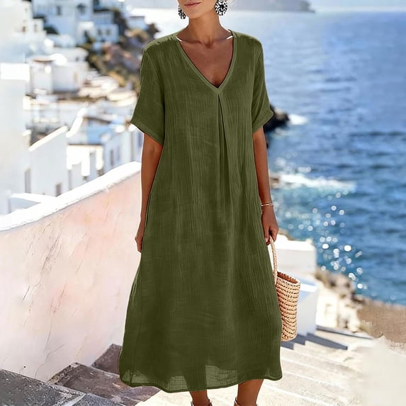 Cotton Linen V Neck Maxi Dress Womens A-Line Flowy Casual Short Sleeve Loose Fitting Summer Daily Wear with Pockets Green M