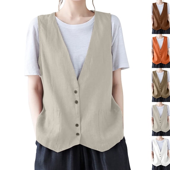 Cotton Linen Vest For Women 2026 Fashion Sleeveless Button Down Jacket Lightweight Summer Loose Vests Outerwear,Light Gray XL
