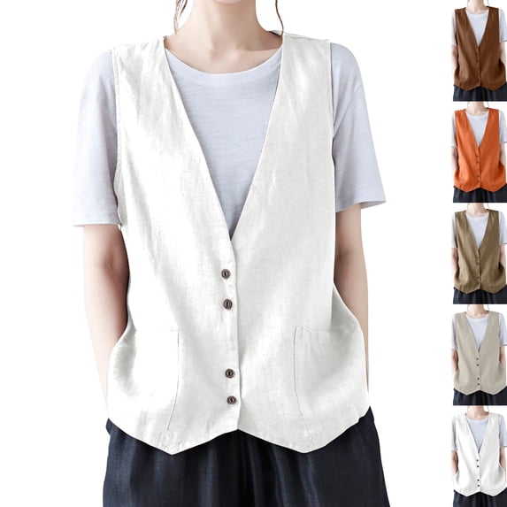 Cotton Linen Vest For Women 2026 Fashion Sleeveless Button Down Jacket Lightweight Summer Loose Vests Outerwear,White 2XL