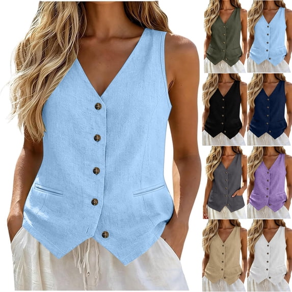 Cotton Linen Vest Tops for Women, Button Down Sleeveless Shirts, Business Casual Tank Vests Top Summer Fashion 2026 (Light Blue,2XL)