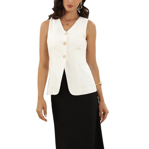 Cotton Linen Vest Waistcoat for Women Summer Sleeveless Button Down V Neck Blazer Vest Top M Cream White