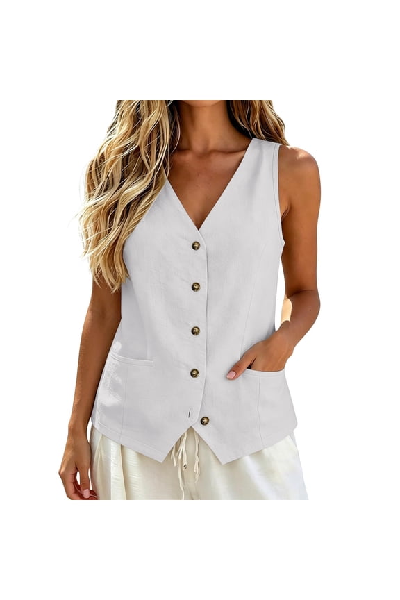 Cotton Linen Vest for Women 2026 Casual Sleeveless Button Down Jacket Lightweight Summer Loose Vests Outerwear (White,XL)