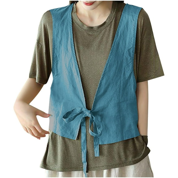 Cotton Linen Vest for Women Sleeveless Blazers Oversized Lightweight Cardigans Summer Tie Up Front Jacket Waistcoat