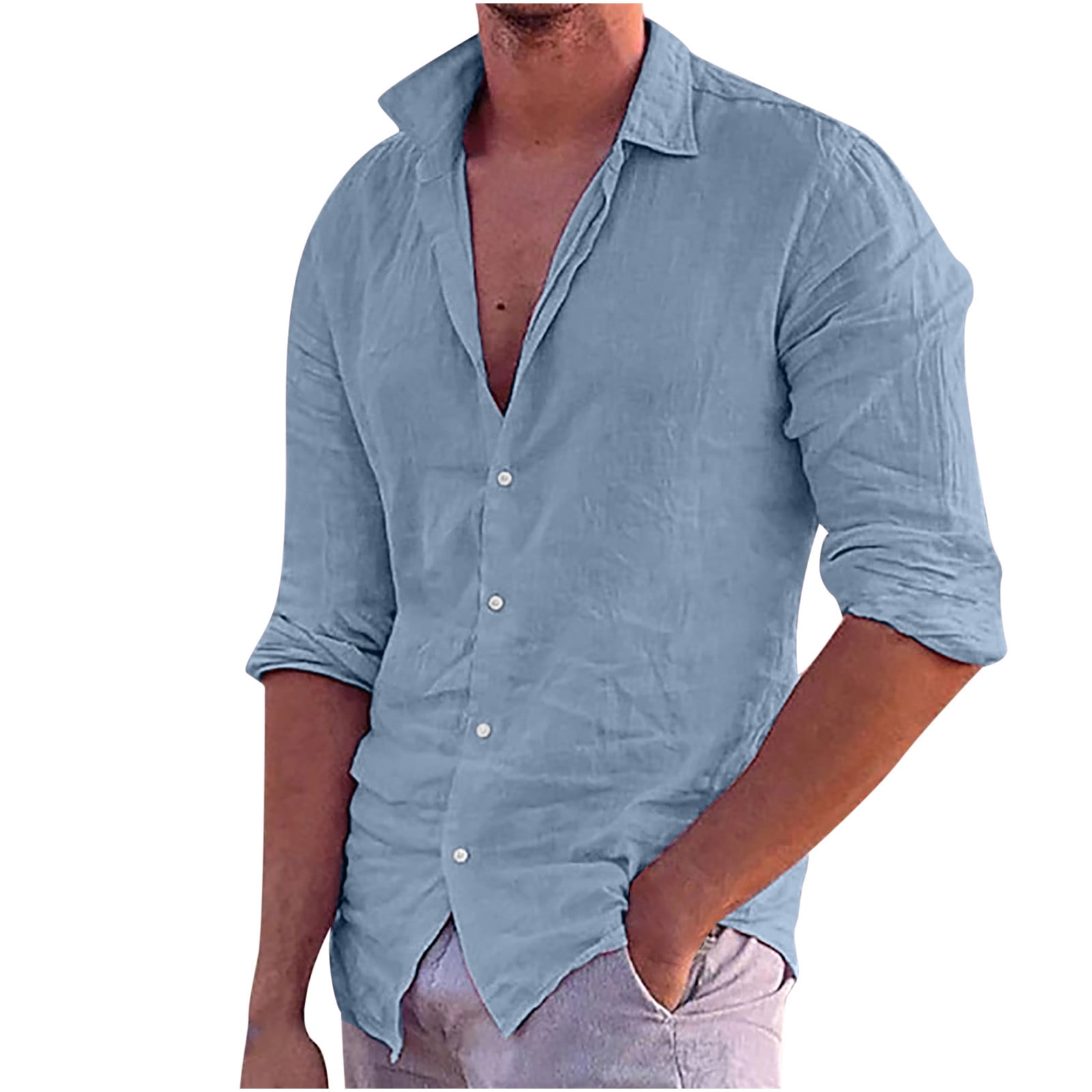 Cotton Linen Vintage Shirts for Men Button Up Long Sleeve Beach Shirt  Casual Summer Vacation Lightweight Cool Tops 