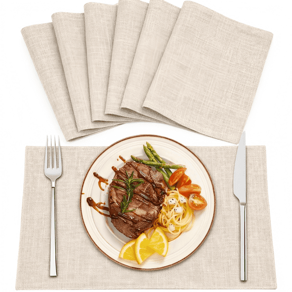 Cotton Linen Washable Table Mats Neutral Beige Placemats Set of 6  11.8" x 18"
