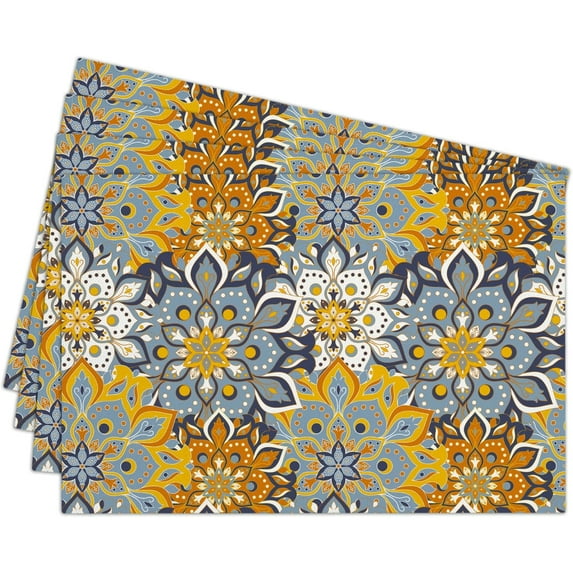 Cotton Linen Waterproof Placemats Set of 4, Blue Teal Flowers Bohemian Dining Mat Table Mats Decor Fabric for Kitchen Dinner Coffee Shop Table, Indoor/Outdoor Washable Wipeable Placemat -N018