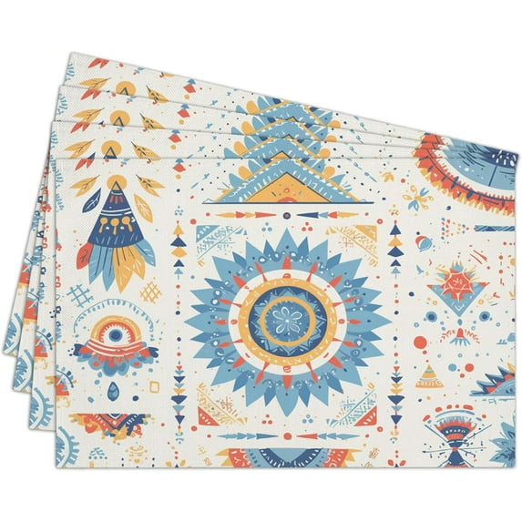 Cotton Linen Waterproof Placemats Set of 4, Bohemian Style Dining Mat Boho Table Mats Decor Fabric for Kitchen Dinner Coffee Shop Table, Indoor/Outdoor Washable Wipeable Placemat -N021
