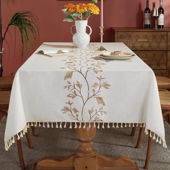 Cotton Linen Waterproof Tablecloth for Dining Table Farmhouse Kitchen Rectangle Table Cloth Coffee Wrinkle Free Tables Cover, Beige, Coffee Flower, 55x55 Inch
