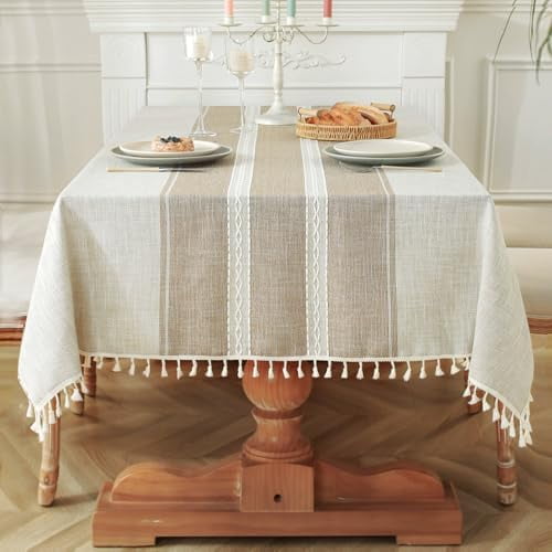 Cotton Linen Waterproof Tablecloth for Dining Table Rustic Farmhouse Kitchen Rectangle Table Cloth Coffee Tables Cover, Coffee Lines, 55x55 Inch
