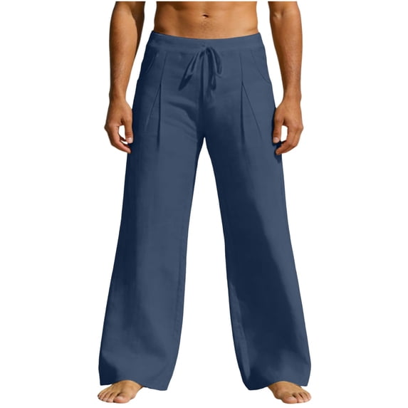 Cotton Linen Wide Leg Pants For Men Pleated Drawstring Waist Baggy Sweatpants Navy 2XL