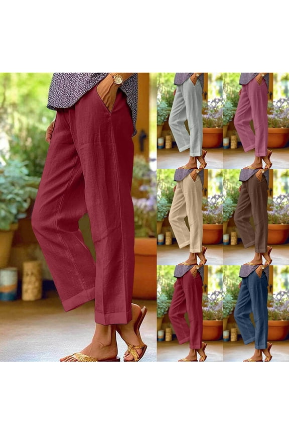 Cotton Linen Wide Leg Pants for Women, Elastic Waist Straight Leg Trousers, Casual Spring Solid Color Versatile Lounge Pants, Mother's Day Gifts | CSEONE,Brown XL