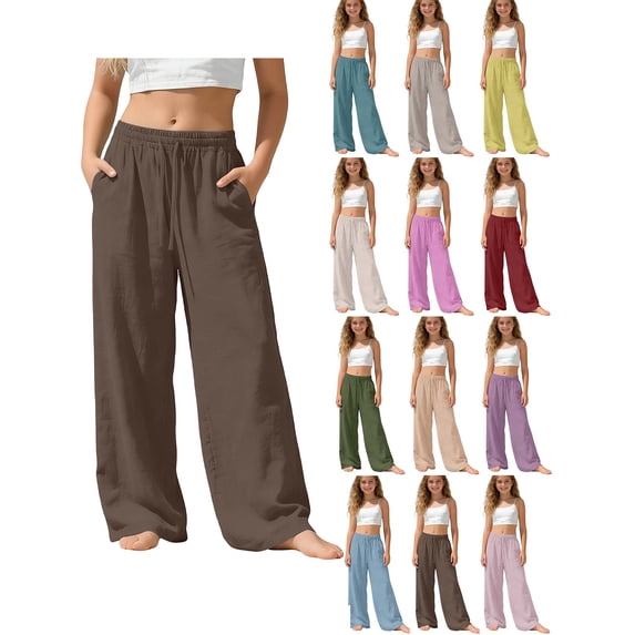 Cotton Linen Wide Leg Pants for Girls Kids Drawstring Waist Loose Fit Casual Fashion Long Pants with Pockets