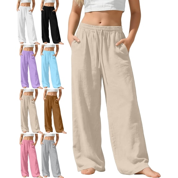 Cotton Linen Wide Leg Pants for Girls Kids Drawstring Waist Loose Fit Casual Fashion Long Pants with Pockets