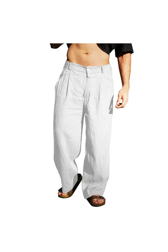 Cotton Linen Wide Leg Pants for Men Solid Color Loose Casual Button Zipper Trousers Lightweight Summer Beach Pants