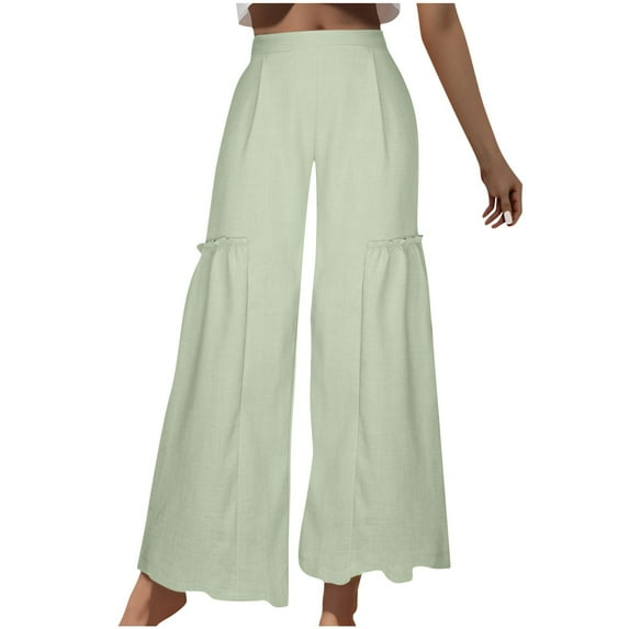 Cotton Linen Wide Leg Pants for Women Bohemian Solid Beach Pants High Waist Pull-on Yoga Pants for Summer Lounge