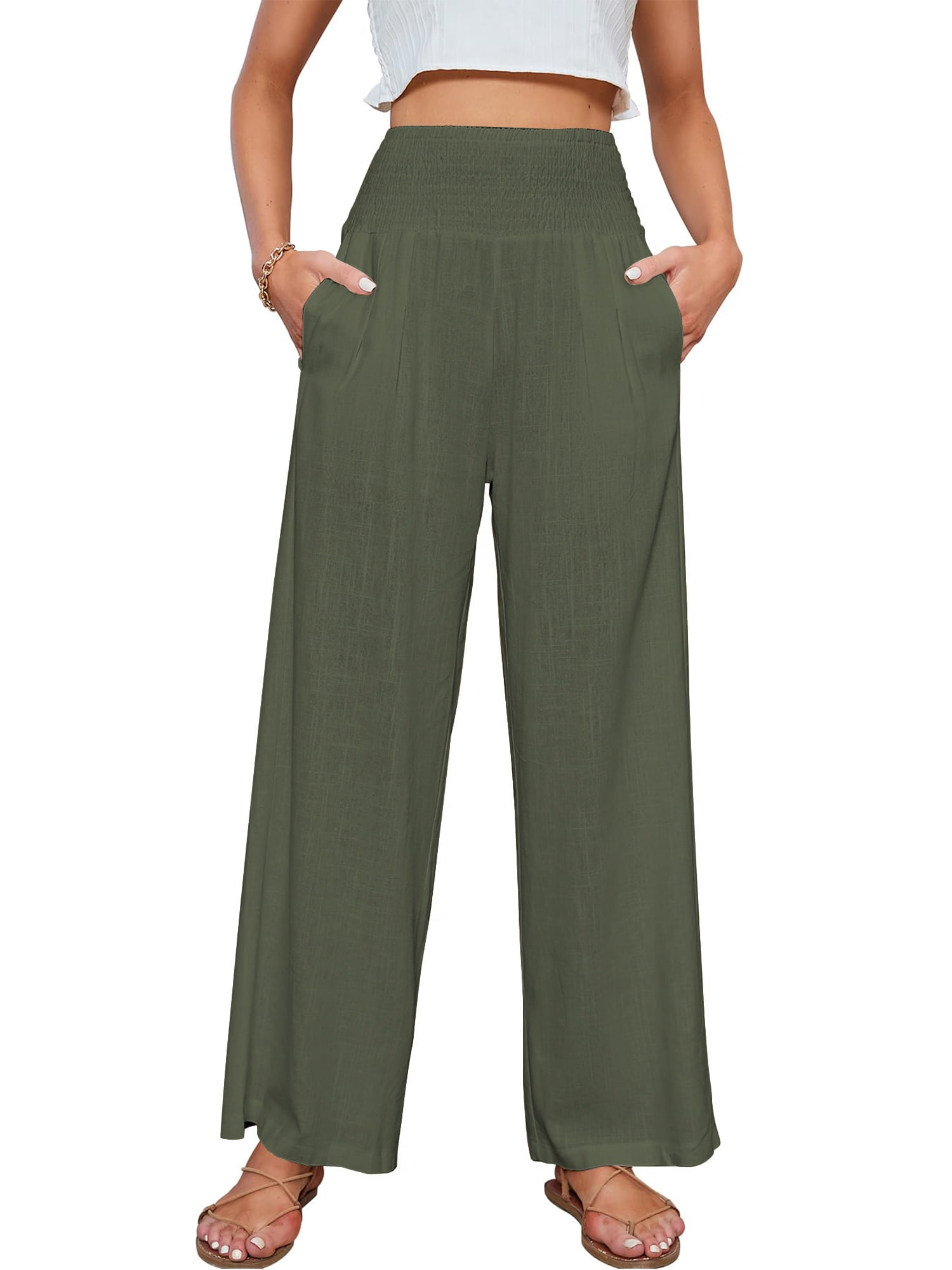 Cotton Linen Wide Leg Pants for Women Casual Elastic High Waist Smocked