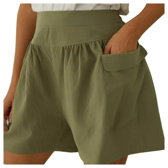 Cotton Linen Wide Leg Shorts for Women High Waist Solid Color Hot Pants with Pockets Winter Casual Loose-Fit Short