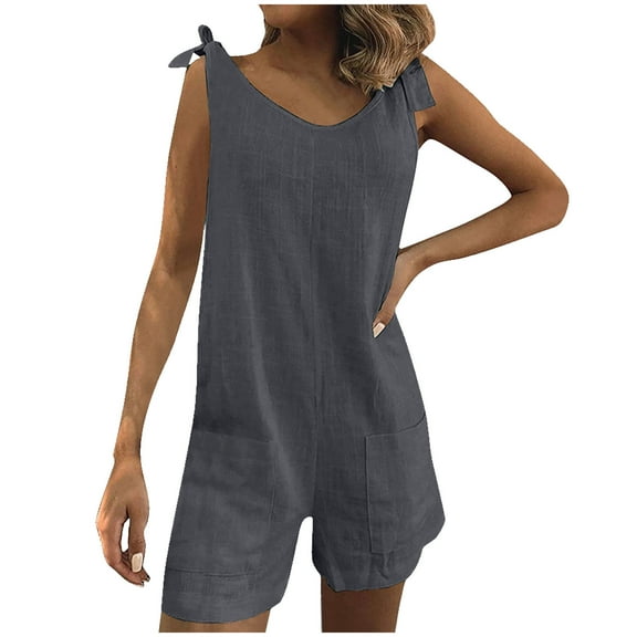 Cotton Linen Womens Jumpsuits Tie Knot Strap Wide Leg Shorts Rompers with Pocket Sleeveless Summer Tank Top Jumpsuit, Gray, XL