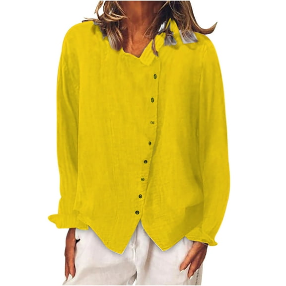 Cotton Linen Womens Shirt Long Sleeve Irregular Button Up Collared Dressy Casual Tops Loose Solid Color Blouses (3X-Large, Yellow)