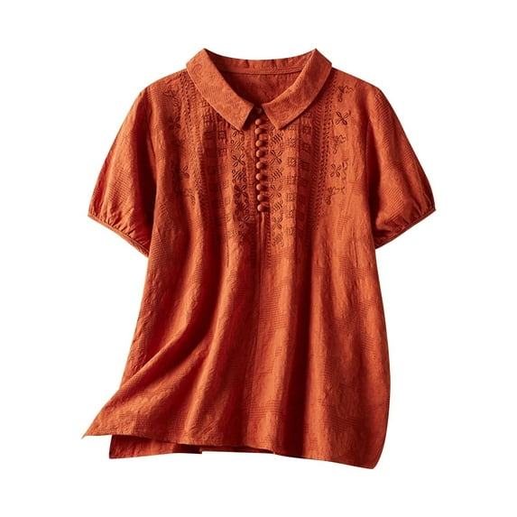 Cotton Linen Womens Shirt Tops 3/4 Sleeve V Neck Collared Button Down Vintage Floral Print Casual Summer Fall Blouse Tops,Orange,XL