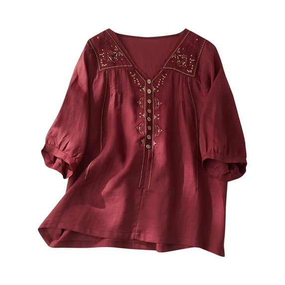 Cotton Linen Womens Shirt Tops 3/4 Sleeve V Neck Collared Button Down Vintage Floral Print Casual Summer Fall Blouse Tops,Red,L