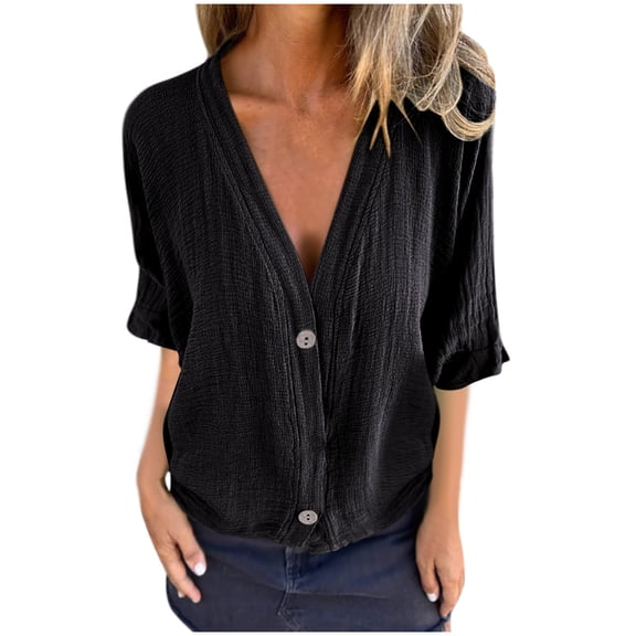Cotton Linen Womens Short Sleeve Shirts Deep V-Neck Button Down Blouse Tops Solid Casual Loose Basic T Shirt