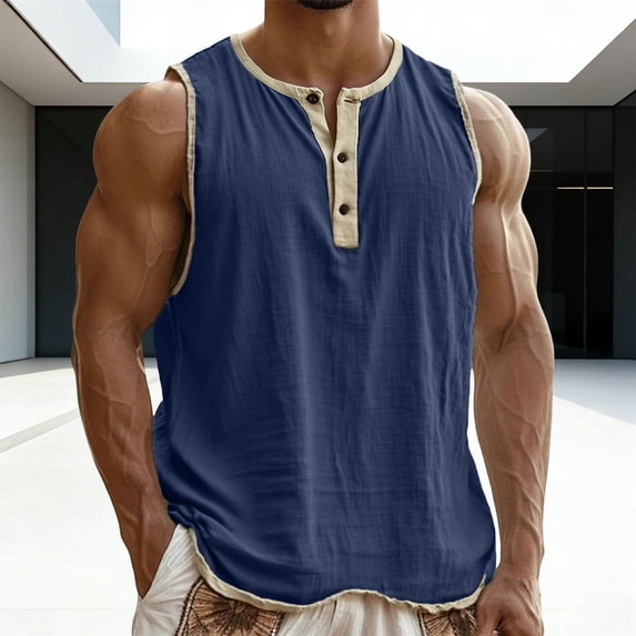 Cotton Linen Workout Tank Top for Men Oversized Crewneck Acthletic Sleeveless Henleys T Shirts Solid Round Neck Quarter Button Gym Muscle Tanks
