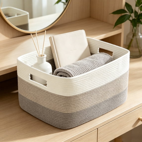 Cotton Linen Woven Storage Basket with Handles Large Decorative Organizer Bin for Laundry Blankets Toys Books Living Room Bedroom