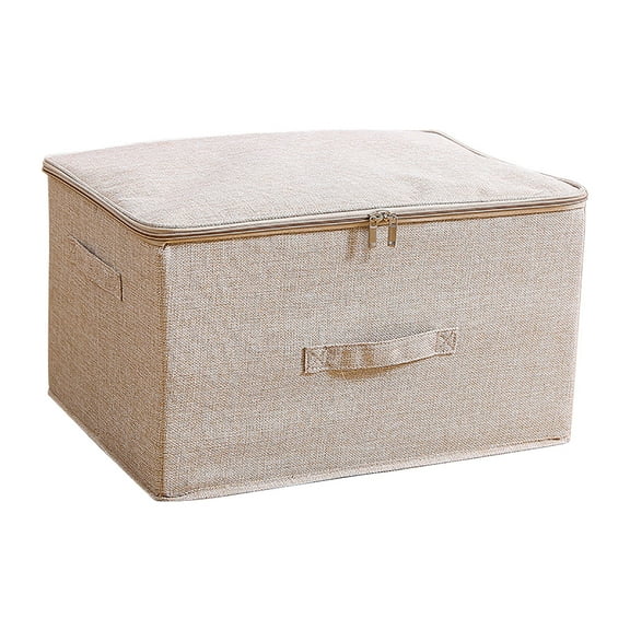 Cotton & Linen Zipper Storage Box, 20x15x12 Inch – Foldable, Fabric Covered, for Clothes, Blankets, Bedding – Beige