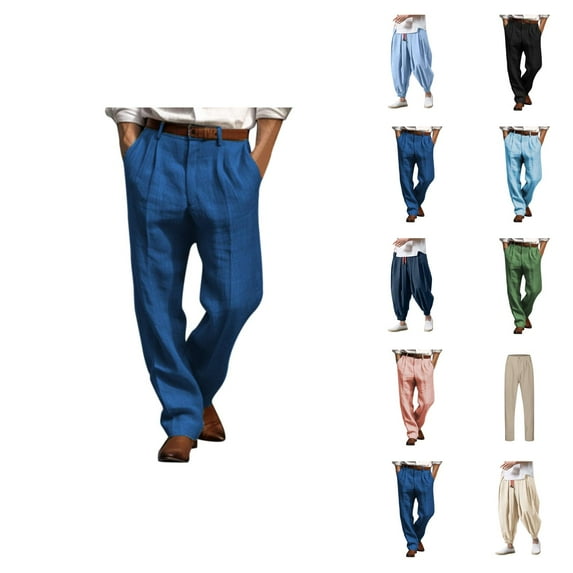 Cotton Linen for Men 2025 Straight Leg Pleated Work Dress Pants Relaxed Fit Mens Casual Pants Trousers