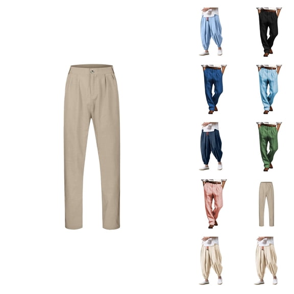 Cotton Linen for Men 2025 Straight Leg Pleated Work Dress Pants Relaxed Fit Mens Casual Pants Trousers