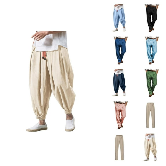 Cotton Linen for Men 2025 Straight Leg Pleated Work Dress Pants Relaxed Fit Mens Casual Pants Trousers