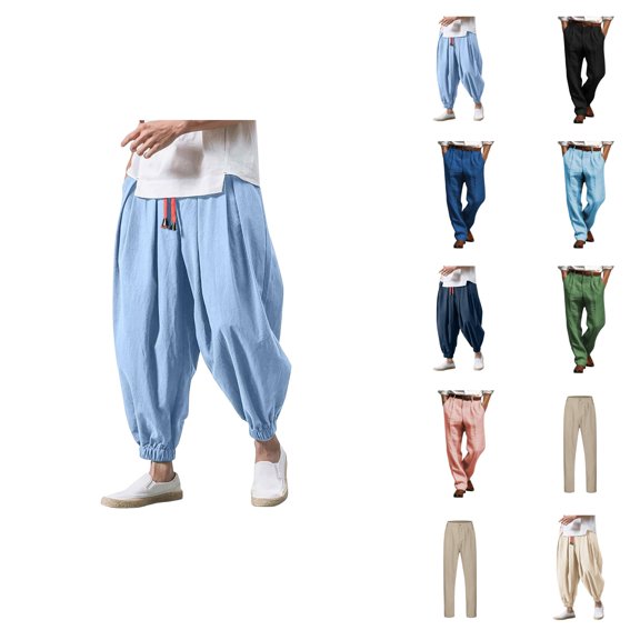 Cotton Linen for Men 2025 Straight Leg Pleated Work Dress Pants Relaxed Fit Mens Casual Pants Trousers