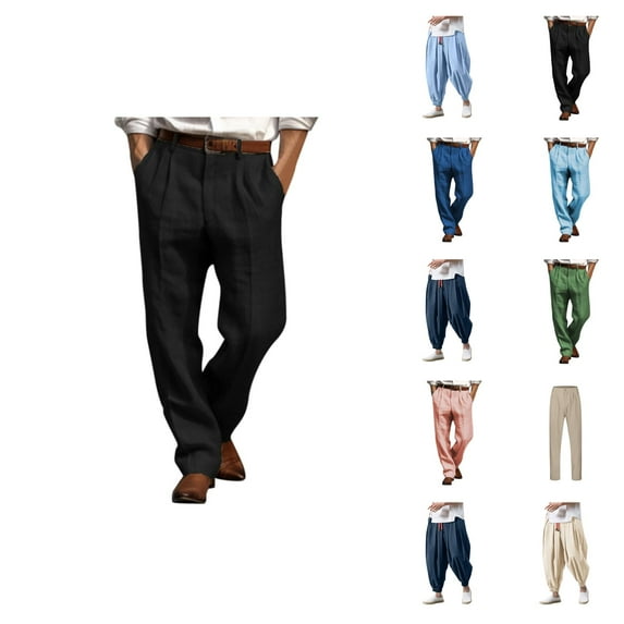 Cotton Linen for Men 2025 Straight Leg Pleated Work Dress Pants Relaxed Fit Mens Casual Pants Trousers