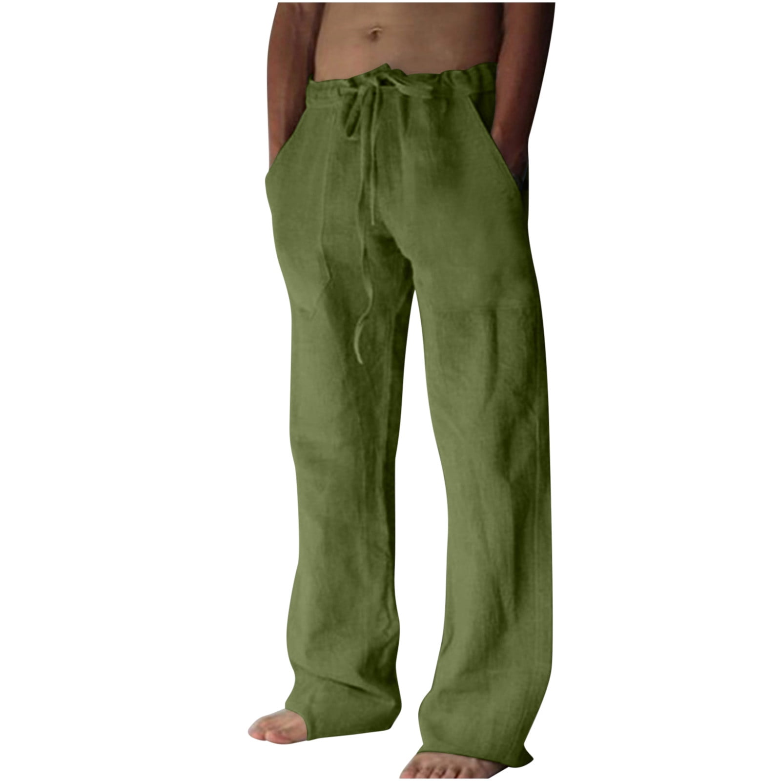 Cotton Linen for Men Lightweight Solid Drawstring Wide Leg Pants Casual ...