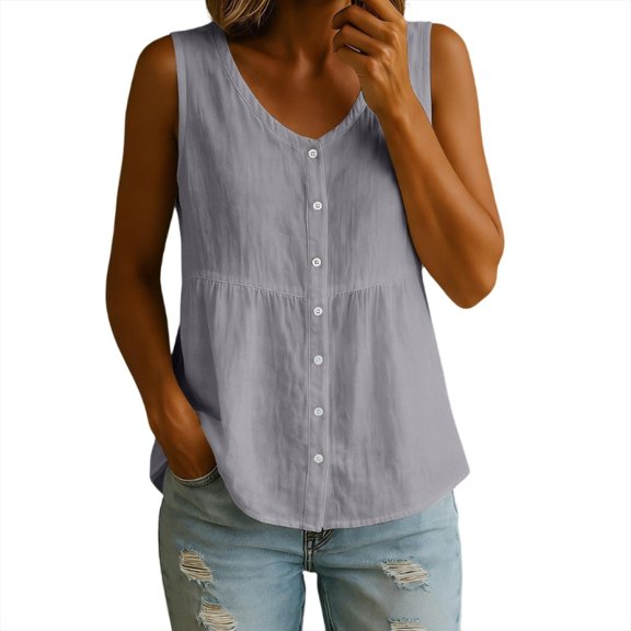 Cotton Linen sfor Women Button Down Cami Blouses V Neck Peplum Casual Sleeveless Lightweight T-Shirt