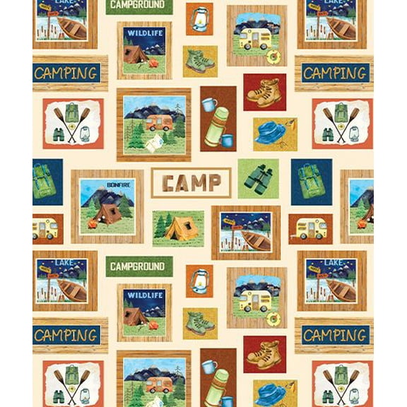 Cotton Live Love Let's Camp Cream Hiking Canoe Tent Camping Benartex Cotton Fabric Print by the Yard (14449-07)