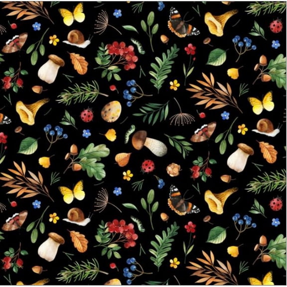 Cotton Who Lives in the Woods Forest Woodland Mushrooms Leaves Acorns Ladybugs Butterflies Floral Berries Elizabeth Studios Black Cotton Fabric Print by the Yard (725BLACK)
