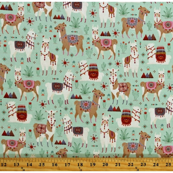 Cotton Llamas Animals Cactus Cacti Southwestern Alpacas Llama Fiesta Mint Green Cotton Fabric Print by the Yard (DC10181-CLOU-D)