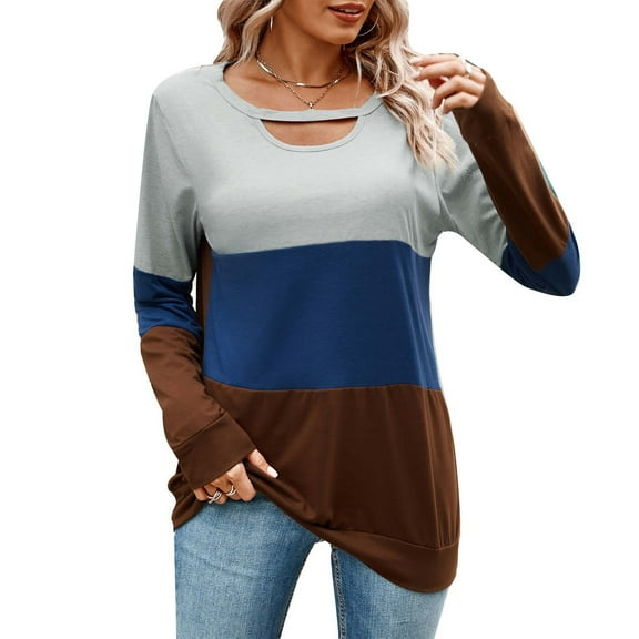 Cotton Long Sleeve Hollow Out Round Neck Colorblock Patchwork Casual Long Tunic Pullover Tops Women Fall T Shirts
