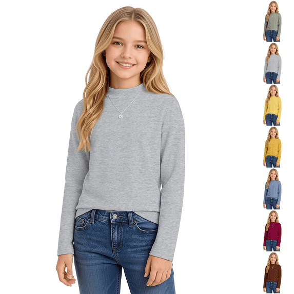 Cotton Long Sleeve Pullover Shirts for Girls Mock Neck Teen Pullover Tops Turtleneck Warm and Soft Comfortable Loose Fit Casual Tops Basic Tees Fall Winter Clothes 5-14 Years