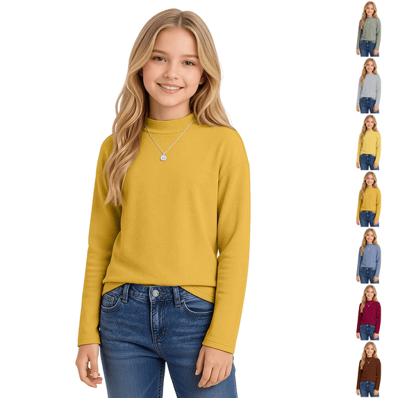 Cotton Long Sleeve Pullover Shirts for Girls Mock Neck Teen Pullover Tops Turtleneck Warm and Soft Comfortable Loose Fit Casual Tops Basic Tees Fall Winter Clothes 5-14 Years
