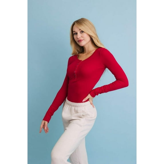 Cotton Long Sleeve Ribbed Henley Top with Buttons