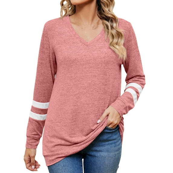 Cotton Long Sleeve Tops Womens 2025 Trendy V Neck Striped Plain T Shirts Fall Casual Loose Tunic Pullover Sweatshirt (XL, Pink)